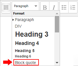 Moodle text editor window. The header menu includes a block quote option.