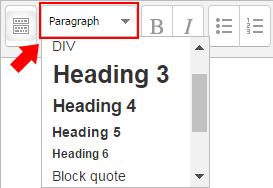 Moodle text editor window. The second button allows choosing between paragraph or heading level.