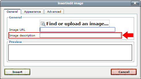 Moodle image properties dialog box. The second field is the field that the image description is entered into.