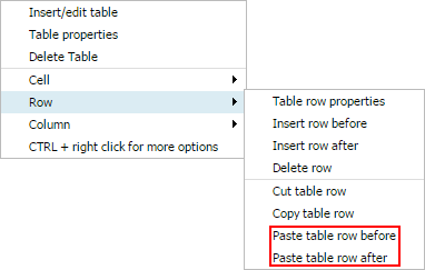 Menu options to paste a copied row