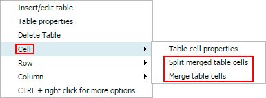 Menu option to split and merge table cells