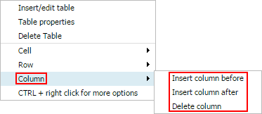 Menu option to insert and delete table columns