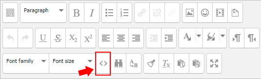 Moodle text editor window. Button to open HTML editor.