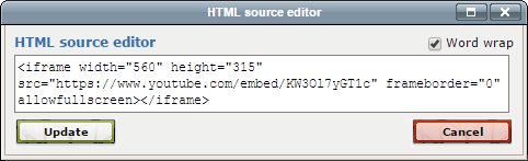 HTML source editor window showing HTML embed code that has been pasted into it.